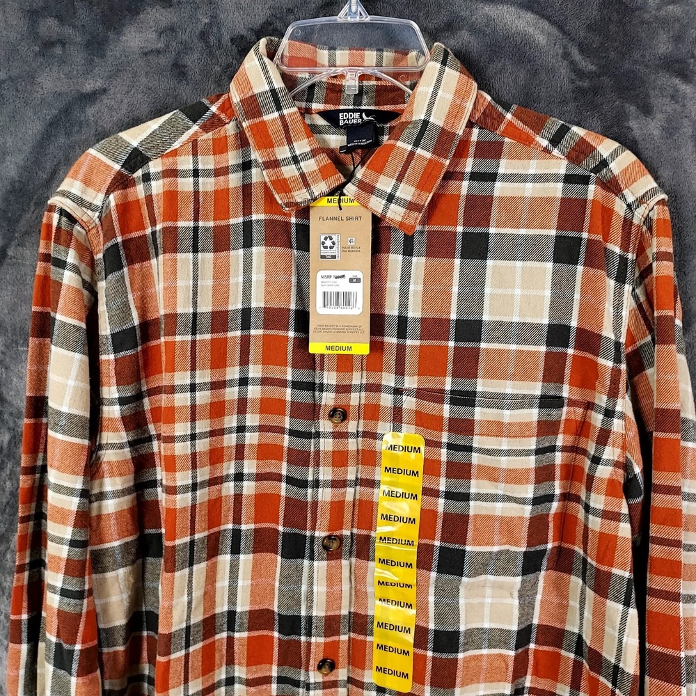 NWT Eddie Bauer Men's Medium Clay Como Plaid Flannel Shirt‎ MSRP $60.00